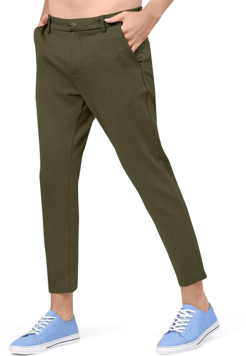 AJ Brothers Men Olive Solid Lycra Blend Casual Trousers - 32