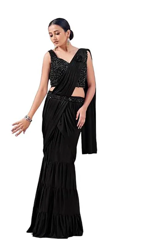 Amoha Trendz Women Black Imported Lycra Pack of 1 Readymade Saree