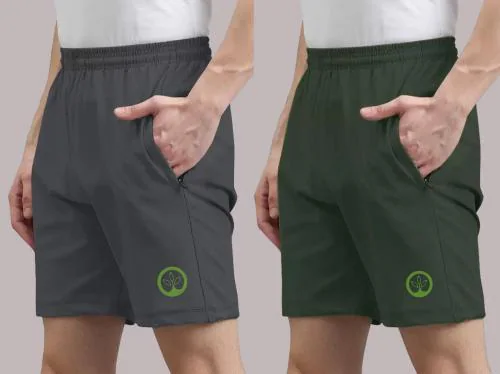 Shine N Show Men Dark Grey, Dark Green Printed Lycra Blend Pack Of 2 Sports Shorts (S)