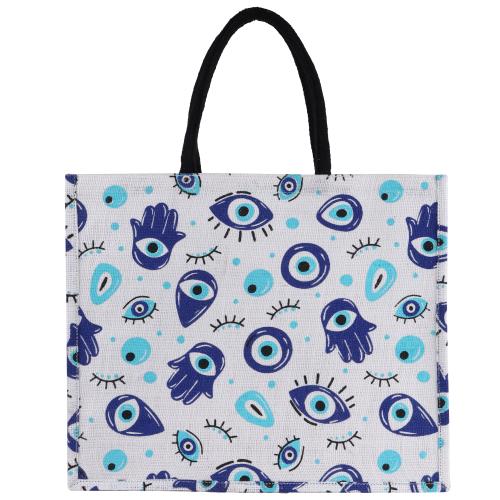 JUTIFY naturally stylish Eco-Friendly Printed Unisex Jute Shopping Bag, Women's Tote Bag , Spacious, Stylish, Sturdy Handbag ,For Daily and Office Use,FOR THE LOVE OF EVIL EYE- HAMSA (42cm x 35cm x 13cm)