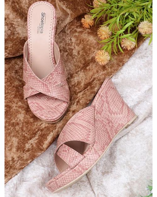 Shoetopia Peach-Coloured Printed Wedge Peep Toes