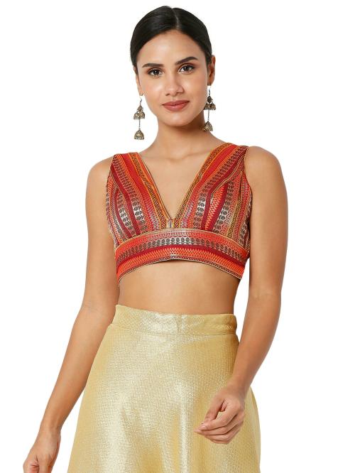 Salwar Studio Women's Maroon Multi Brocade Self Design Readymade Saree Blouse