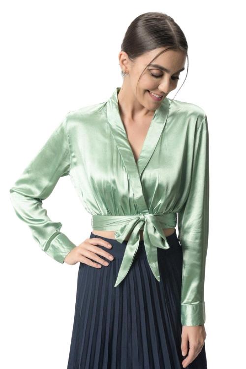 Tinted Women Shirt Cum V Neck Green Crop Top