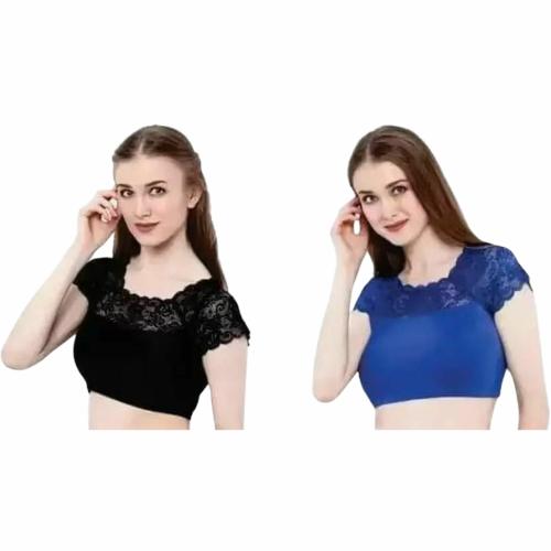 SUNBRUST Women's Cotton Blend Short Sleeves Square Neck Self Design Pattern Blouse Combo for Ladies