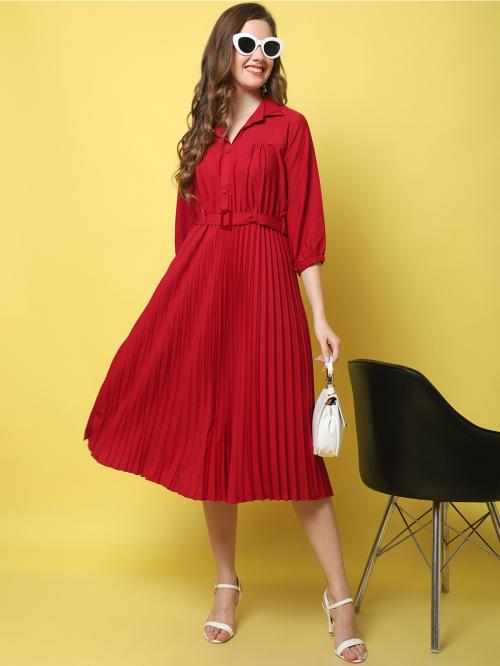 Fabflee 3/4th Sleeve Pleated Dress Collar Neck For Women| Dresses| Women Dress| Pleated Dress| One Piece| Women's Pleated Dress