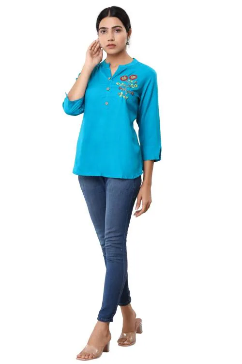 VIHAAN IMPEX Casual Regular Sleeves Embroidered Women Blue Top
