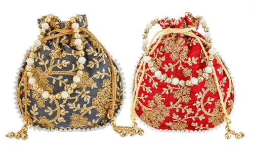 Kuber Industries Multicolour Potli Batwa Pouch Bag With Beadwork (Set Of 2)