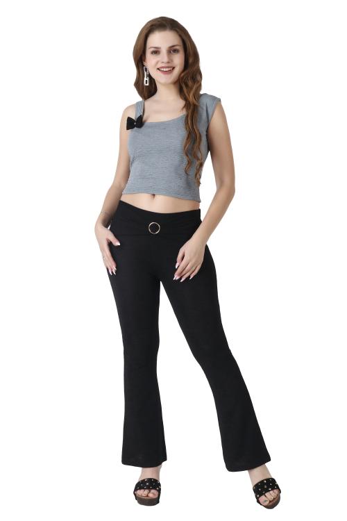 Popwings Women Casual Solid Grey Black Crop Top and Ring Crush Trouser Co-Ords Set