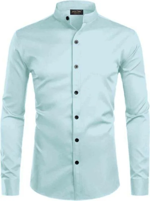 MILDIN Men Slim Fit Solid Mandarin Collar Casual Shirt Light Blue XXL