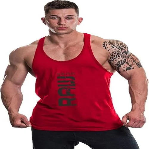 FARICON Men's Summer Inner Vest Stringer Printed Round Neck Sleeveless Polyester Tshirt for Gym (Colour:-Red ,Size:-L )