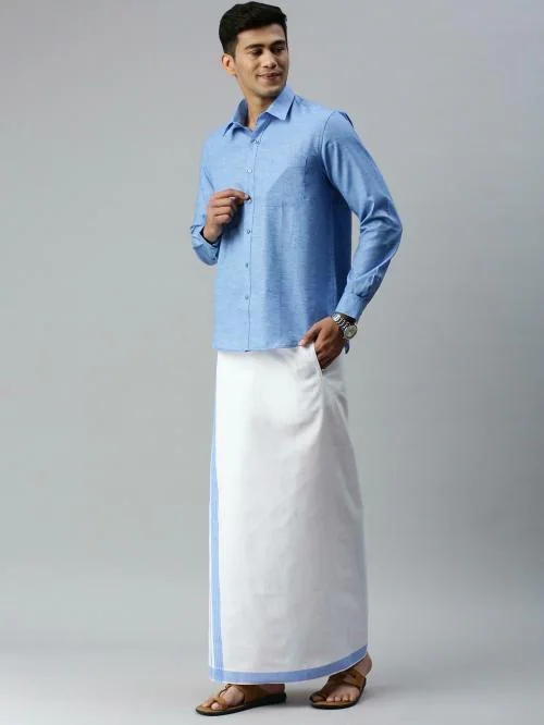 RAMRAJ Men Cotton Matching Border Adjustable Dhoti with Full Sleeve Blue shirt (42; Blue)