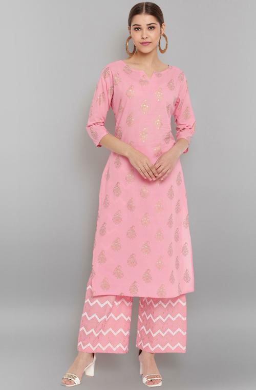 Janasya Women's Pink Cotton Paisley Kurta with Palazzo