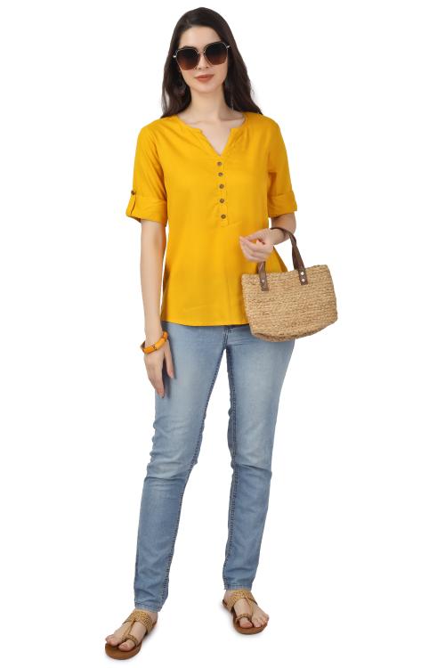 EMEE-Y Women's Rayon Solid Plain Short Kurti/Tops for Daily Wear - Mustard - Small