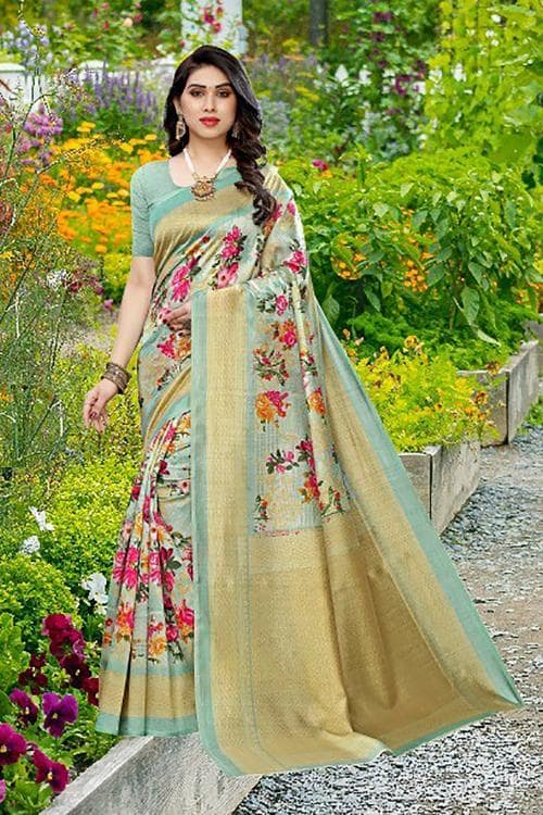 Saran Women Gardeny Green Self Design Pure Silk, Art Silk Saree