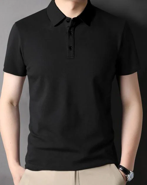 EYEBOGLER Reguler Fit Black Polo Neck Solid Tshirt