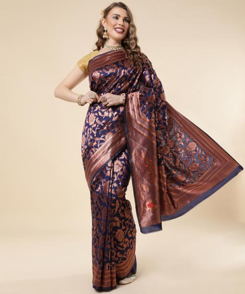Areca Designer's Glorious Navy Blue Color Copper Zari Silk Blend Banarasi Silk Saree For Women