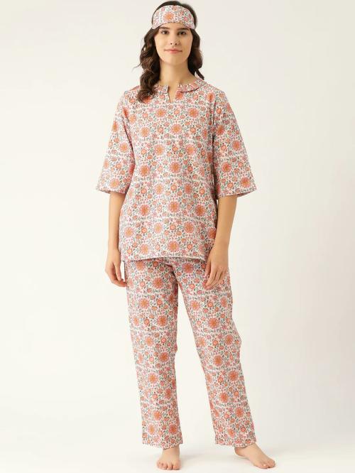 Rapra The Label Women White Ethnic Motifs Pure Cotton Top & Pyjama Sets (XL)