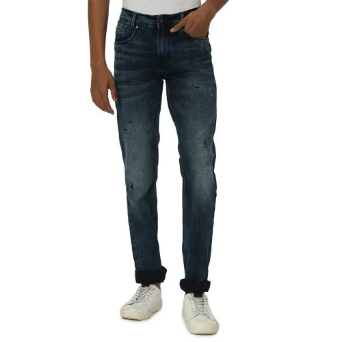 Mufti Mid Blue Super Slim Fit Distressed Stretch Jeans