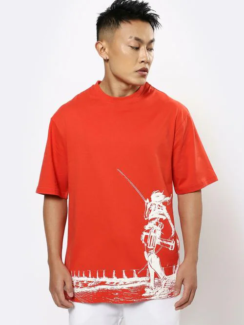 Bewakoof Men's Red Anime Printed Round Neck Short Sleeve Oversized T-shirt