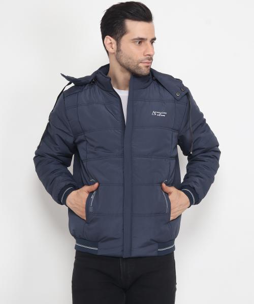 XOHY Men Winter Zipper Jacket With Hoodi, Long Sleeve, Cotton Blend Jacket For Men-Navy