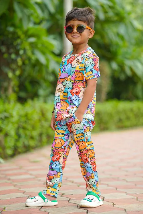 Catron Baby Boys & Baby Girls Multicolor Heavy And Soft Lycra Bland With Colourful Prints Co ord Sets -02 For Party (Festive) T-shirt & Track Pants 5-6 Y