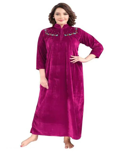 Women's Women's Velvet Warm Fabric Women Maxi Woolen Nighty/Warm Shaneel/Velvet Nighty, Fabric Woolen Maxi Night Gown/ Nighty for Women (Wine)