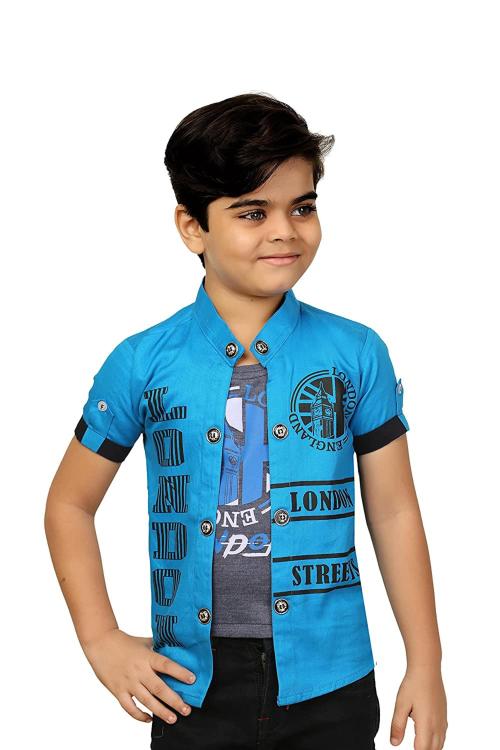 FASHION GRAB Boys Light Blue Cotton Jacket With Attached Tshirt (8 Years-9 Years)