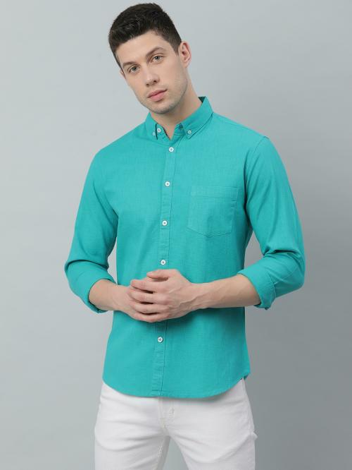 Dennis Lingo Men's Slim Fit Pure Cotton Solid Full Sleeves Casual Shirt (Cyan)