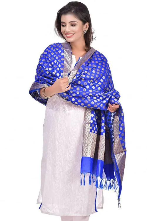 Naveera Womens Royal Blue Floral Katan Silk Banarasi Dupatta