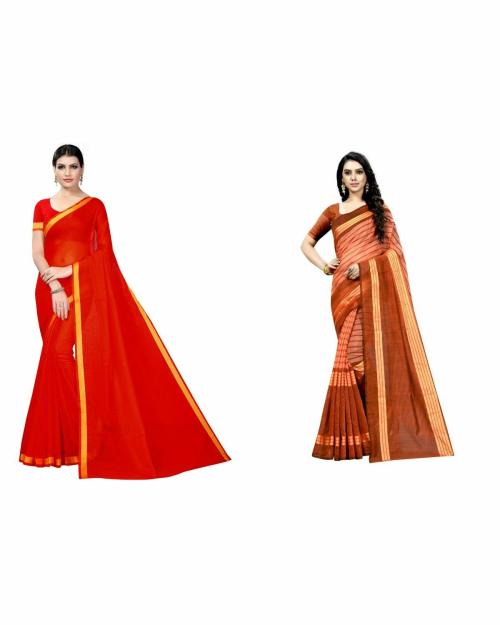 Vkaran Women's Red & Fenta Colour Cotton Silk Saree With Blouse pack of 2