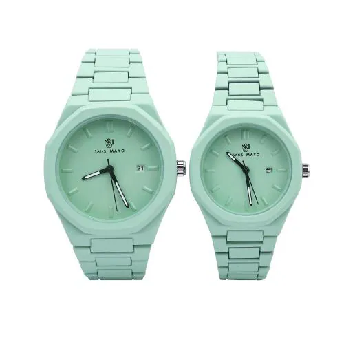 SANSI MAYO Beautiful Designer Sea Green IP Plated Alloy Round Case Stainless Steel Band Analog Wrist Watch for Couples