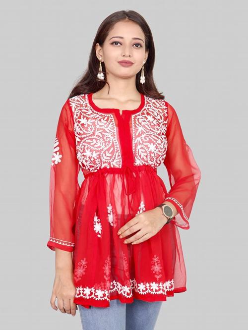 Indicraft Women Red Chikankari Embroidery Georgette Kurti - XL