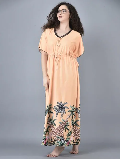 Noty Girl's/Women's- Kaftan Nighty | Floral Print | Short Sleeves | V - Shaped Neck | Nightwear for Girls- Polyester Fabric- Floral Digital Printed (Peach)