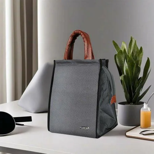 LOREM Grey Linen Textured Insulated Tiffin bag/Lunch Bag For Men & Women TB10
