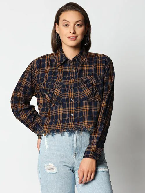 Go Sexy Women Blue Checkered Cotton Blend Button Down Casual Shirt (S)