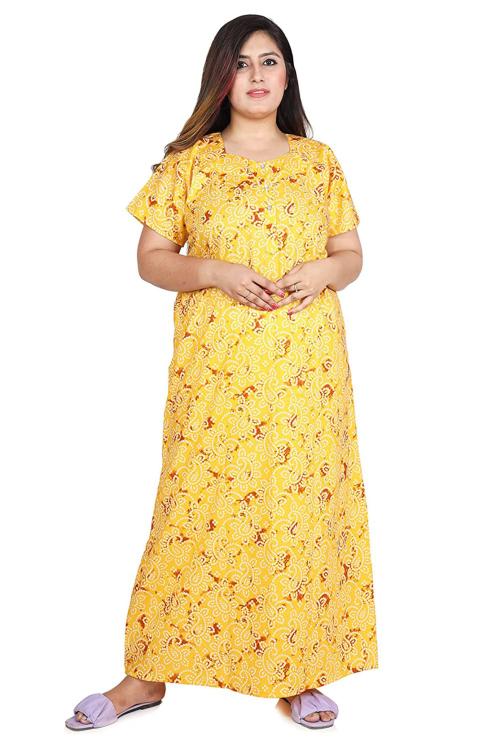 SHREE VITTHAL Women Yellow Printed 100% Pure Cotton Night Dress