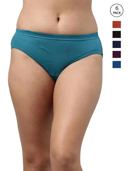 FEELINGS Intimate Solid Soft Cotton Panties for Women Pack of 6 | Stretchable Full Coverage Snug Fit Inner Elasticized Waistband | Assorted Colours