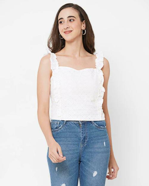 Papa Brands Women White Textured 100% Cotton Top