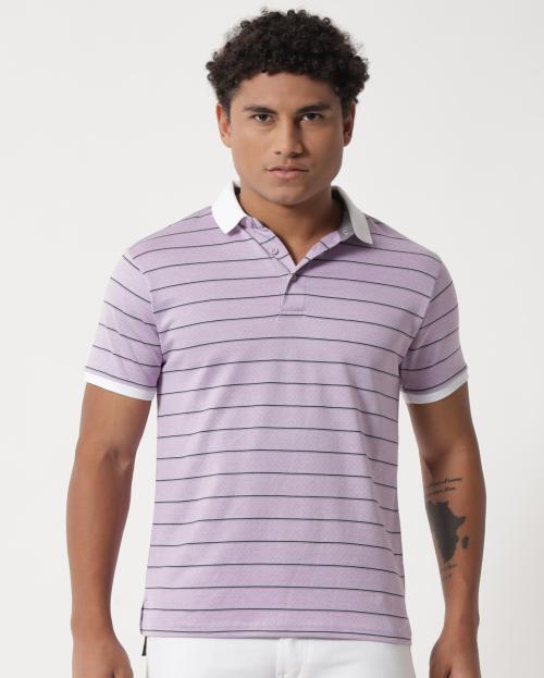 My Swag Men's Voilet Color Regular Fit Outdoor Casual Striped 100% Mercerized Cotton Polo T-Shirt