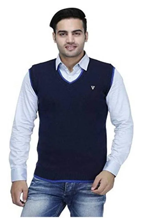 Om Designer Men's Multi colored V-Neck and Comfortable Winter wear Half Sweater for Men-Blue-XL