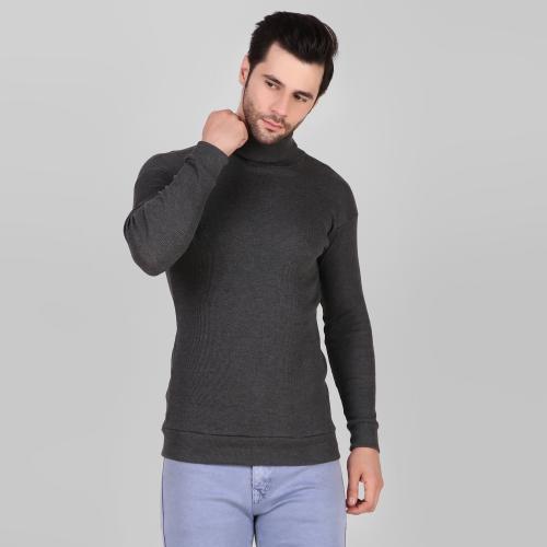 DIAZ Winter Wear High Neck Cotton Plain Full Sleeve Turtle Neck T Shirt for Men Size M Color D Grey