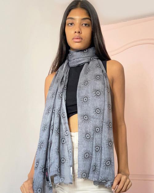Ayesha Evil Eye Printed Grey Italian Fringe Modal Scarf
