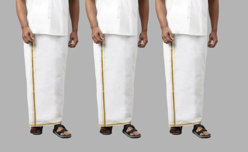 AGYES Men's White Lungi with Golden Border 100% Cotton (2 MTR) (PACK OF 3 PCS)