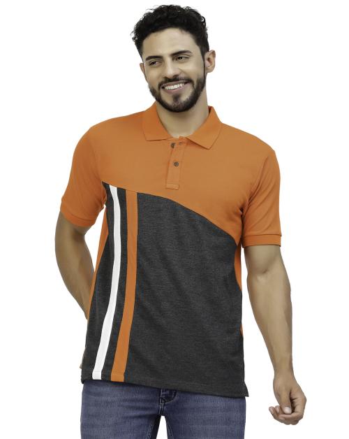 Kalt Men Dark Grey Orange White Vertical Stripe Cotton Blend T-Shirt