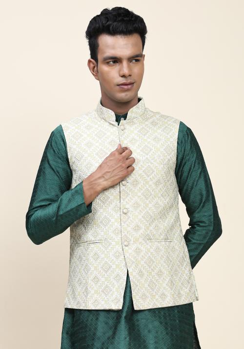 Aany's Culture Light Yellow Floral Pattern Polyester Wedding Nehru Jacket (Koti) XXL