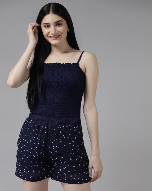Buy Aarika Womens Navy Blue Color Cotton Blend Jumpsuit Online at Best