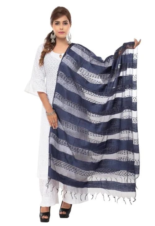Moeza Women Navy Blue Cotton Woven Design Bhagalpuri Dupatta