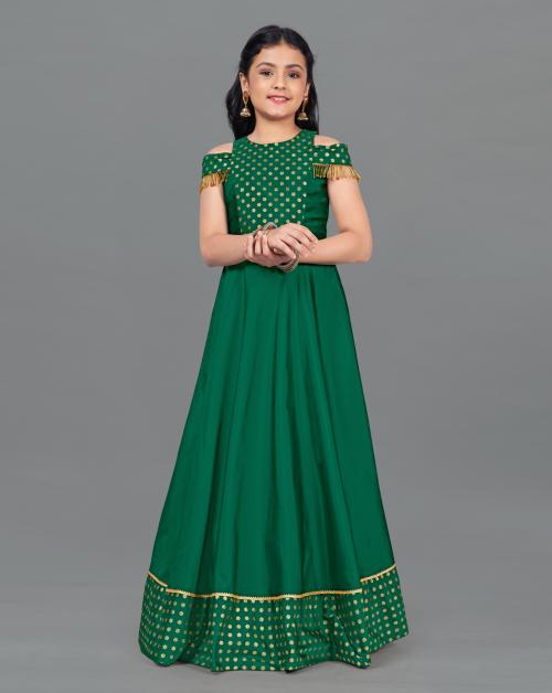 Fashion Dream Girls Green Foil Printed Taffeta Dress | Dresses | Kids Wear | Girls Dress | Kids Dress | Dress | Dresses For Girls | Maxi Dress | Kids Girls Dress