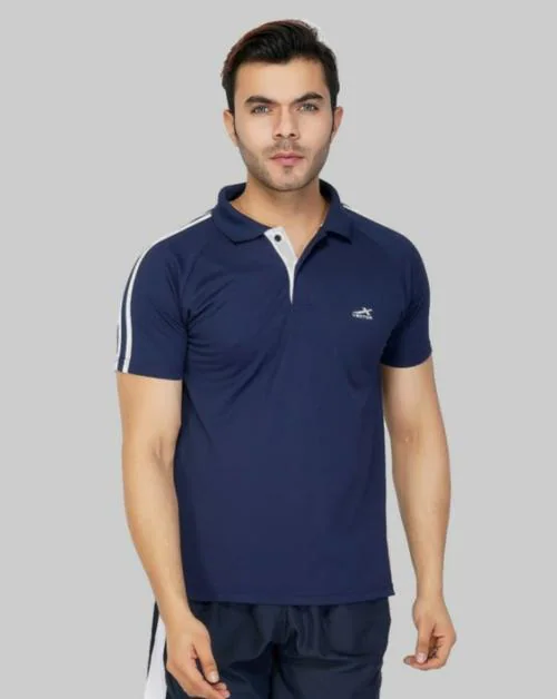 VECTOR X Men Blue Solid Polyester Polo Neck T-shirt