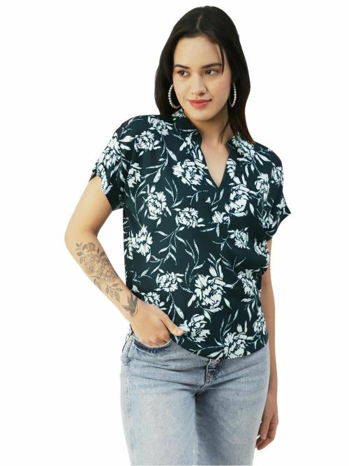 Moomaya Printed V-Neck Long Tops For Women, Short Sleeve Regular Fit Shirt